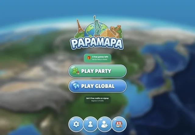 Papamapa main menu with Play Party, Play Global, Profile and Store.