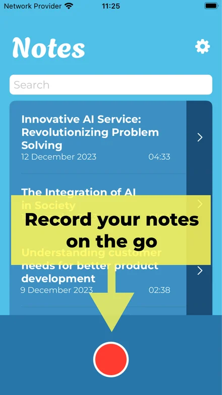 Memosin’s searchable list of recorded notes.