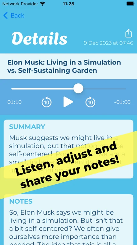 Memosin’s recording detail with transcript and playback.