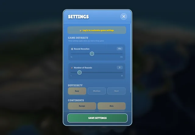 Papamapa Party settings for round duration, rounds, difficulty and continents; sign-in is required to customise them.